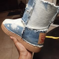 $220 Faux Fur Winter Boot, Completely Customized In Upcycled Levi Denim, Other Brands Available. Boot Styles And Brands May Vary Depending On Customers Request. Boots Are Purchased Brand New As Orders Are Requested. Standard Processing Time Is 2-3 Weeks To Allow Product Availability And Production Time. This Particular Boot Brand Is Bamboo, Please Message Me For Customization. Prices Range From $195 - $320 Custom Uggs, Denim Diy Clothes, Denim Crafts Diy, Diy Clothes And Shoes, Summer Black Dress, Summer Dresses For Wedding Guest, Bling Shoes, Denim Boots, Upcycle Jeans