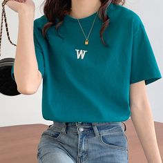 Letter Embroidery Round Collar Loose T-shirt Trendy Blue T-shirt With Embroidered Graphics, Trendy Crew Neck T-shirt With Embroidered Text, Casual Blue T-shirt With Letter Embroidery, Green Embroidered Text Short Sleeve T-shirt, Trendy Crew Neck T-shirt With Letter Embroidery, Trendy Short Sleeve Tops With Letter Embroidery, Blue Crew Neck T-shirt With Embroidered Text, Casual Embroidered Crew Neck Top, Casual Blue Top With Embroidered Text