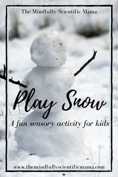 a snowman is shown with the words play snow written in black and white on it