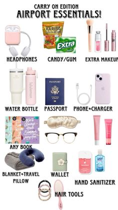 an airport essentials poster with the words, carry on essentials and other items