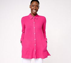 The unique brushed waffle knit design of this tunic adds a touch of sophistication, while the button-front closure ensures effortless wear. From Susan Graver. Knit Button Up Shirt, Susan Graver, Button Shirt, Waffle Knit, Knitting Designs, Button Up Shirt, Button Up Shirts, Shirt Blouses, Button Up