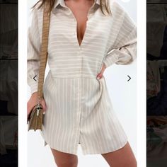 Missguided Oversized Striped Dip Back Shirt Dress Color Is Beige And White Stripes Has A Linen Feel, Perfect For Warmer Weather, Finally Saying Farewell Since It Is Oversized And Too Big For Me Nwt. Us12/Uk 16 Oversized Beige Shirt Dress For Summer, Casual Oversized Shirt Dress For Vacation, White Collared Shirt Dress For Vacation, White V-neck Shirt Dress With Relaxed Fit, Oversized Long Sleeve Mini Dress For Summer, Neutral Long Sleeve Shirt Dress For Daywear, Oversized White Shirt Dress For Spring, Chic Oversized Shirt Dress For Summer, Casual Cream Shirt Dress For Daywear