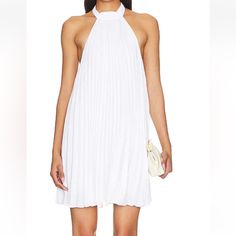 Alice +Olivia Aviana Halter Neck White Mini Dress Size Medium Brand New With Tags Mini Dress Sleeveless-Hem Shaped A-Line , White Pleated Summer Dress, Chic White A-line Pleated Dress, Elegant Mini Pleated Summer Dress, Elegant Pleated Mini Dress For Day Out, A-line Pleated Mini Dress For Beach, Pleated A-line Mini Dress For Beach, White A-line Halter Dress For Summer, White A-line Pleated Dress For Spring, White Pleated Mini Dress For Cocktail