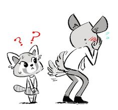 a drawing of a cat and a dog with question marks on their faces, one is talking to the other