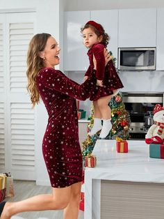 Mom And Me Christmas Women Dress Elegant Women Dresses Red Dress Parent-Child Christmas Twist Bright Silver Star Long-Sleeved Dress Outfit, Women Clothes Burgundy Elegant  Long Sleeve Velvet Christmas,Geometric,All Over Print Bodycon Medium Stretch  Women Clothing, size features are:Bust: ,Length: ,Sleeve Length: Mom And Me, Elegant Mini Dress, Velvet Christmas, Elegant Dresses For Women, Vestidos Vintage, Dresses Red, Outfit Women, Women's Shapewear, Printed Rompers