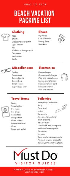 a red and white poster with the words beach vacation packing list written in black on it