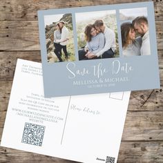 save the date postcard with two photos on it next to an envelope that says,'save the date '