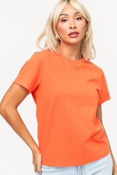 Dove Tee in Tangerine Clothing Holley Girl Basic Fitted Crew Neck T-shirt, Trendy Fitted T-shirt, Orange Summer T-shirt For Everyday, Basic Orange T-shirt For Spring, Fitted Crew Neck Top In Solid Color, Trendy Fitted Crew Neck T-shirt, Everyday Orange Crew Neck Top, Orange Short Sleeve Solid Color Tops, Orange Crew Neck Top For Everyday