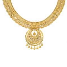 Virani Jewelers introduces an opulent display of traditional beauty with this 22k gold necklace and earring set. The fine details, meticulously crafted in each 22k gold bead, create a sense of grandeur. This gold jewelry is set is not just jewelry; it's a manifestation of Virani Jewelers' commitment to infusing opulence into every detail. Adorn yourself with this Indian gold jewelry masterpiece, where each bead tells a story of luxury and refined taste. Features • 22k yellow gold • Filigree deta Gold-plated Chandbali Temple Necklace In Yellow Gold, Gold Plated Chandbali Necklace With Intricate Design, 22k Yellow Gold Bollywood Bridal Necklace, Yellow Gold Bollywood Bridal Necklace, Bollywood 22k Yellow Gold Bridal Necklace, Bollywood Style 22k Yellow Gold Bridal Necklace, Traditional Yellow Gold Chandbali Necklaces, Yellow Gold Chandbali Necklaces For Festivals, Gold Chandbali Necklaces For Eid