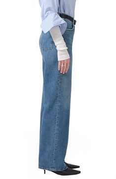 Nonstretch organic-cotton denim in the perfect wash elevates these vintage-inspired jeans designed with straight legs and an always-on-trend high waist. 32 1/2" inseam; 20 1/2" leg opening; 11 1/2" front rise; 14 1/2" back rise (size 29) Button fly Front scoop pockets; back patch pockets 100% organic cotton Machine wash, tumble dry Made in Turkey Citizens Of Humanity, Designer Jeans, Fabric Gift Bags, Nordstrom Store, Free Fabric, Fabric Gifts, Straight Leg Jeans, Straight Leg, Vintage Inspired