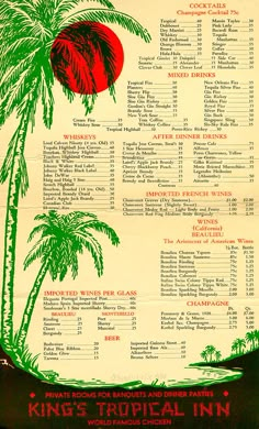 an advertisement for king's tropical inn with palm trees and red ball on it