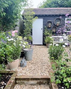 an outdoor garden with potted plants and flowers in front of a small shed that has a white door