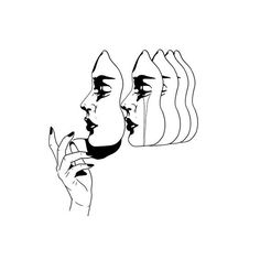 a black and white drawing of two women looking at each other's faces in mirrors