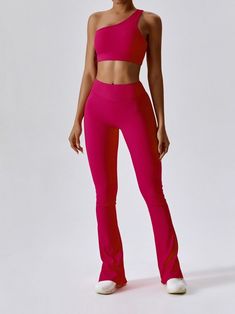 Ribbed One-Shoulder Sports Bra & High-Waisted Flared Bottom Pants Yoga Flows, Flared Bottoms, Yoga Jacket, High Waisted Flares, Yoga Set, Yoga Bra, Hot Yoga, Yoga Shorts, Yoga Tops