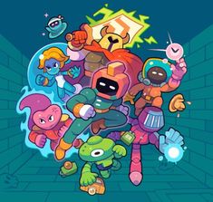 an animated video game character surrounded by other characters