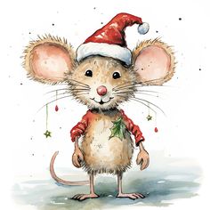 a watercolor painting of a mouse wearing a santa hat