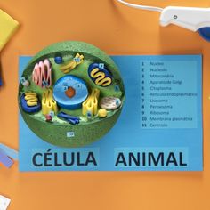 an animal cell is shown on top of a blue paper with scissors and other items around it