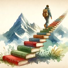 a man with a backpack is walking up the stairs made out of books that are stacked on top of each other