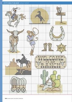 a cross stitch pattern with various items for the cowboy themed needleing project, including a cow