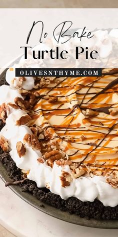 no bake turtle pie with whipped cream and caramel drizzle on top