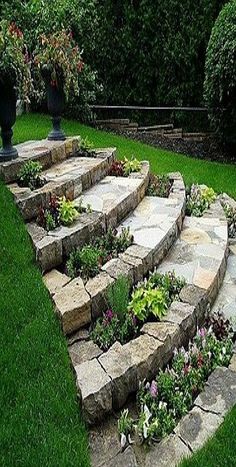 an outdoor garden with stone steps and flowers