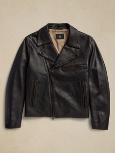 A timeless take on the iconic moto jacket, we kept all the details of the classic—an off-set zip closure, grommets under the arms, zippered cuffs and pockets—adding a Western-style yoke and a ruched accent at the back waist for rugged flair.  For a true-to-the-original finish, our designers selected a beautifully burnished leather and an oversized fit.  Warmer: Lightly lined for easy layering.  Relaxed fit.  Point collar with off-set zip closure.  Three exterior zip pockets.  Single interior poc Party Sale, Streetwear Men Outfits, Leather Moto, Leather Moto Jacket, Moto Jacket, Western Style, Western Fashion, Banana Republic, Zip Pockets