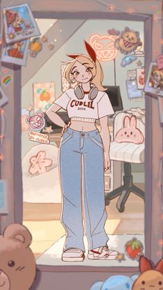 a cartoon girl standing in front of a mirror