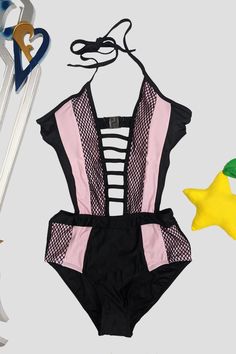 Get ready for the summer beach with this casual cosplay bathing suit inspired by Kairi of Kingdom Hearts. This swimwear is a monokoni style that clasps in the back and ties into a halter top. Made from polyester/elastine and ready for use as swimwear. Great for swimsuit cosplay. Monokini Style. Pink, Black, and Mesh based on Kairi's KH3 design. Made from polyester/elastane. Clasps in the back and ties halter style. Cups at the bust for support. Use for swimming and water activities (pool, beach, Swimsuit Cosplay, Casual Cosplay, Fantasy Collection, Pool Beach, Style Pink, Halter Style, Kingdom Hearts, Monokini, Bathing Suit