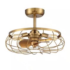 a gold ceiling light with two lights on each side and an open cage around it