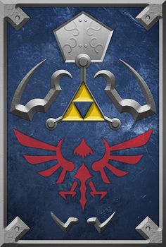 the legend of zelda emblem on a blue and gray background with silver trimming