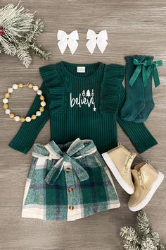 Believe Green Flannel Skirt Set - Sparkle in Pink Flannel Skirt, Dress Sparkle, Trendy Christmas Outfits, Green Long Sleeve Top, Kids Christmas Outfits, Green Flannel, Belt Top, Green Long Sleeve