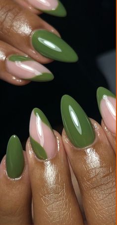 As the leaves turn golden and the air becomes crisp, our nails deserve a fall makeover that mirrors the season’s beauty. Olive green nails are not just #green #nail #design #ideas Two Tone Nail Designs, Olive Green Fall Nails, Green Stiletto Nails, Green Fall Nails, Olive Green Nails, All Nail Shapes, Olive Nails, Designs For Short Nails, Fall Nail Ideas