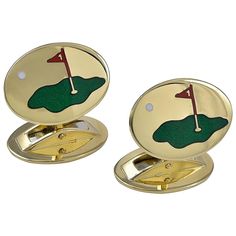 Striking double-sided cufflinks. Made and signed by ASPREY. 18K yellow gold ovals, depicting a golf course, with a green enamel "green", an orange enamel "flag", and a white enamel "ball." T-bar closure that flips down flat, so they are very user friendly. Superb quality. Alice Kwartler has sold the finest antique gold and diamond jewelry and silver for over forty years. Father's Day Gifts, Green Enamel, Gold Enamel, White Enamel, Golf Course, Antique Gold, Fathers Day Gifts, Diamond Jewelry, Golf Courses