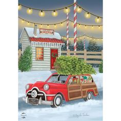 a painting of a car carrying a christmas tree