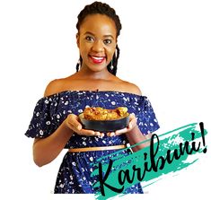 a woman holding a bowl of food with the words karbbaru on it