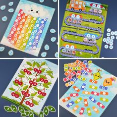 four pictures of different activities for children to do with the same material, including stickers and buttons