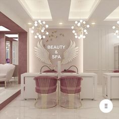 the beauty and spa logo is displayed in front of two salon tables with pink chairs