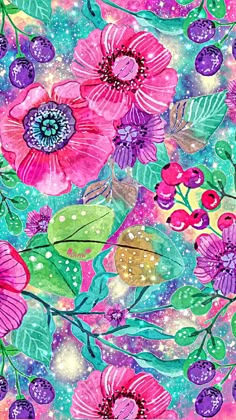 colorful flowers and leaves with sparkles on a pink, blue, green and purple background