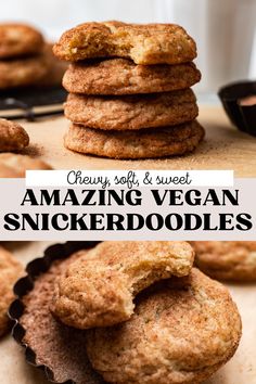 several cookies stacked on top of each other with the words, cheesy soft & sweet amazing vegan snickkerdodles