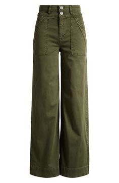 Utility style and a standard-issue hue switch up the look for wide-leg jeans served with a two-button waistband. 30" inseam; 20 1/2" leg opening; 10 1/4" front rise; 13 1/2" back rise (size 23) Zip fly with two-button closure Front patch pockets 98% cotton, 2% elastane Dry clean or machine wash, tumble dry Made in Turkey Military Wide Leg Jeans With Pockets, Relaxed Fit Wide Leg Military Cargo Jeans, Utility Wide Leg Jeans With Button Closure, Mid-rise Wide Leg Utility Pants With Side Pockets, Relaxed Fit Wide-leg Jeans With Button Closure, Wide Leg Jeans, Nordstrom