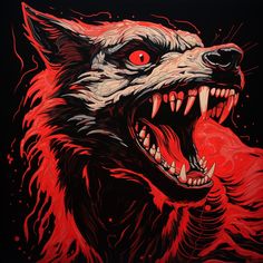 a red and black painting of a snarling wolf's head with its mouth open