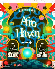 the poster for afro haven featuring various music instruments and an image of a colorful background