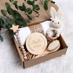 an open box with some items in it on a white furnishing area next to a potted plant