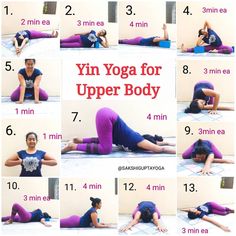 woman doing yoga poses for upper body and lower body workouts with the words yin yoga for upper body