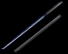 two different types of baseball bats on a black background, one is blue and the other is white