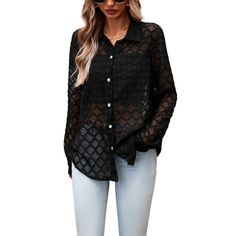 Women's Fashion Sexy Long Sleeve Blouse Spring Club Long Sleeve Blouse, Fitted Chic Blouse For Club, Chic Fitted Blouse For Club, Chic Stretch Blouse For Club, Flirty Long Sleeve Club Tops, Chic Sheer Party Shirt, Stretch Button-up Party Blouse, Stretch Button-up Party Tops, Chic Summer Blouse For Clubbing