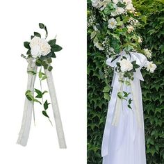 two white flowers are tied to the back of a wedding dress, and one is in front of a bush