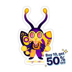 a sticker with an image of a purple and yellow butterfly on it's face