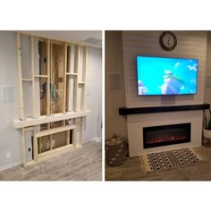 two pictures side by side, one with a fireplace and the other with a flat screen tv