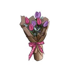 a bouquet of flowers wrapped in brown paper